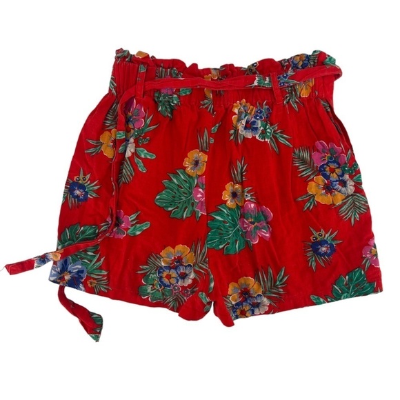 mi ami Red Floral Cinched Waist Paper Bag Pleated Shorts Size Small Women’s - Picture 3 of 5